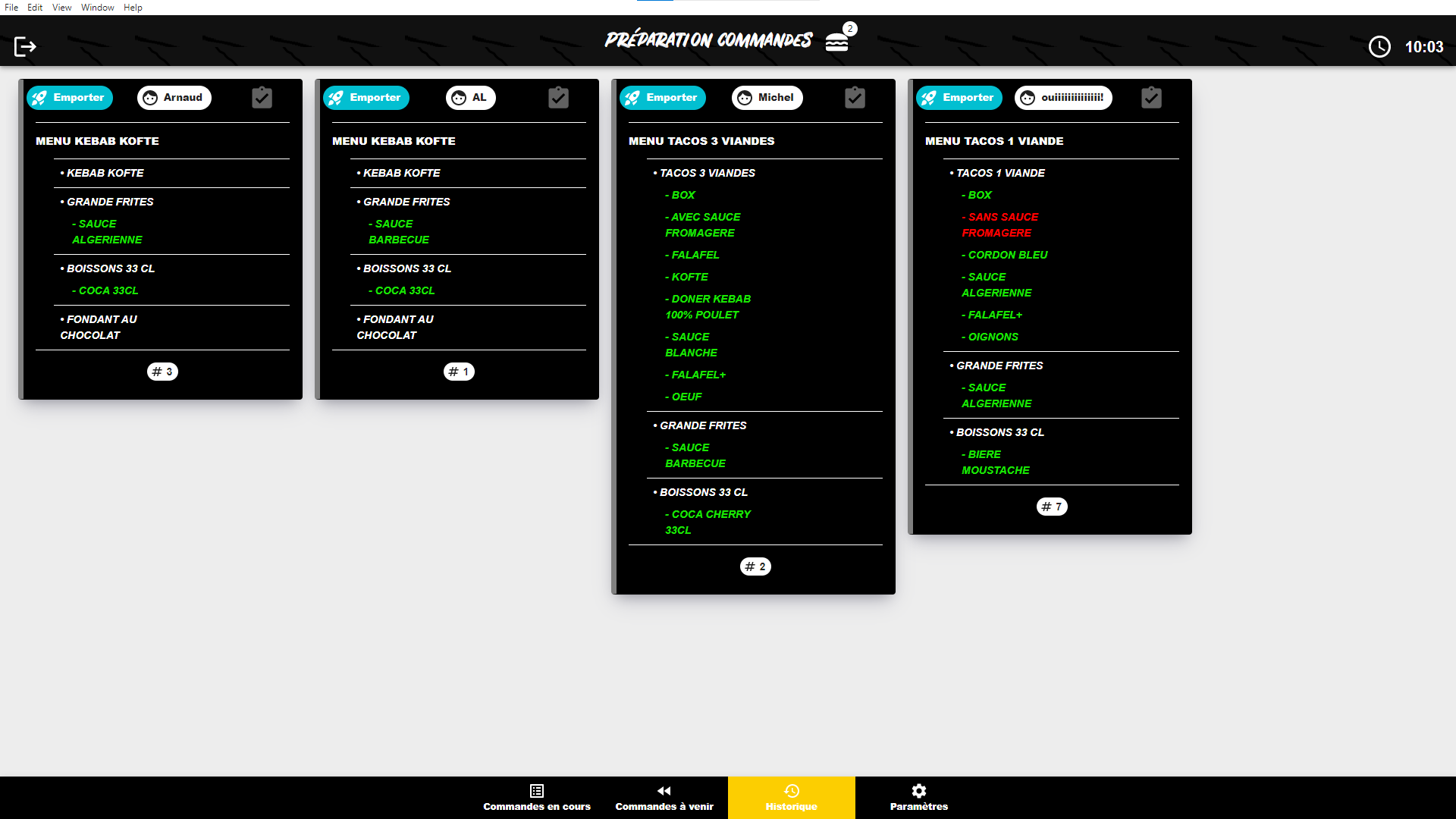 Écran historique des commandes KDS